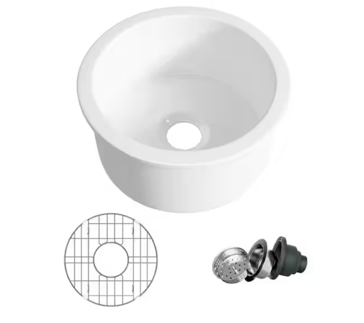 Oslo 18.5in White Fireclay Kitchen Sink Round Single Bowl w/Grid Strainer