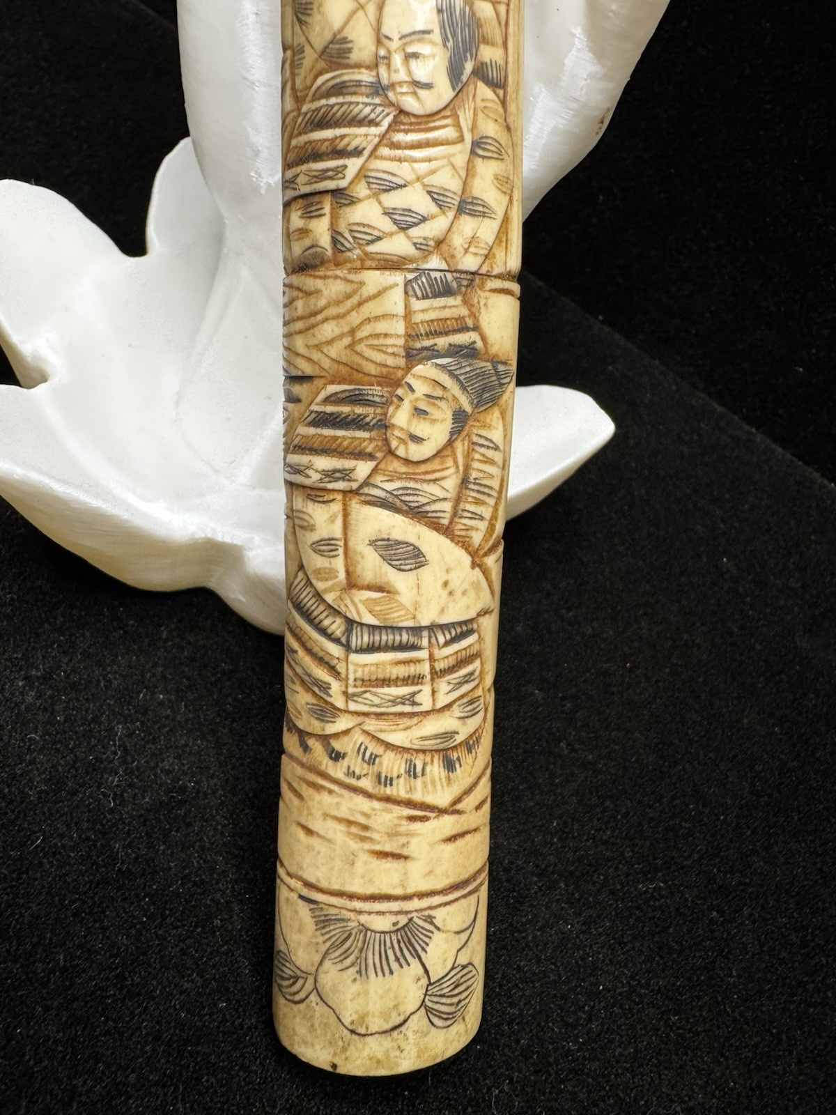 Antique Japanese Meiji Prd. Carved Tanto Dagger Sword w/ Scabbard Brass Mnt