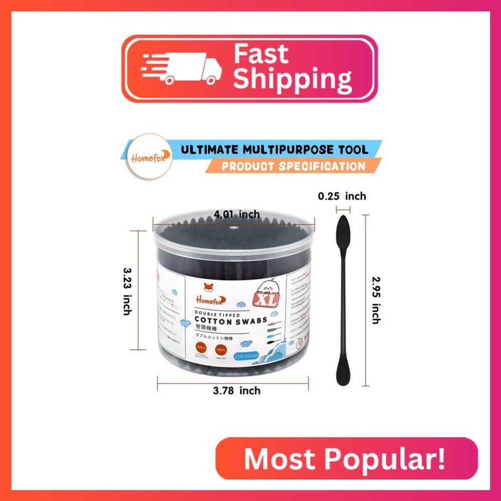 HOMEFOX XL Thick Black Cotton Swabs Pointed Precision - 250 Count Extra Large -