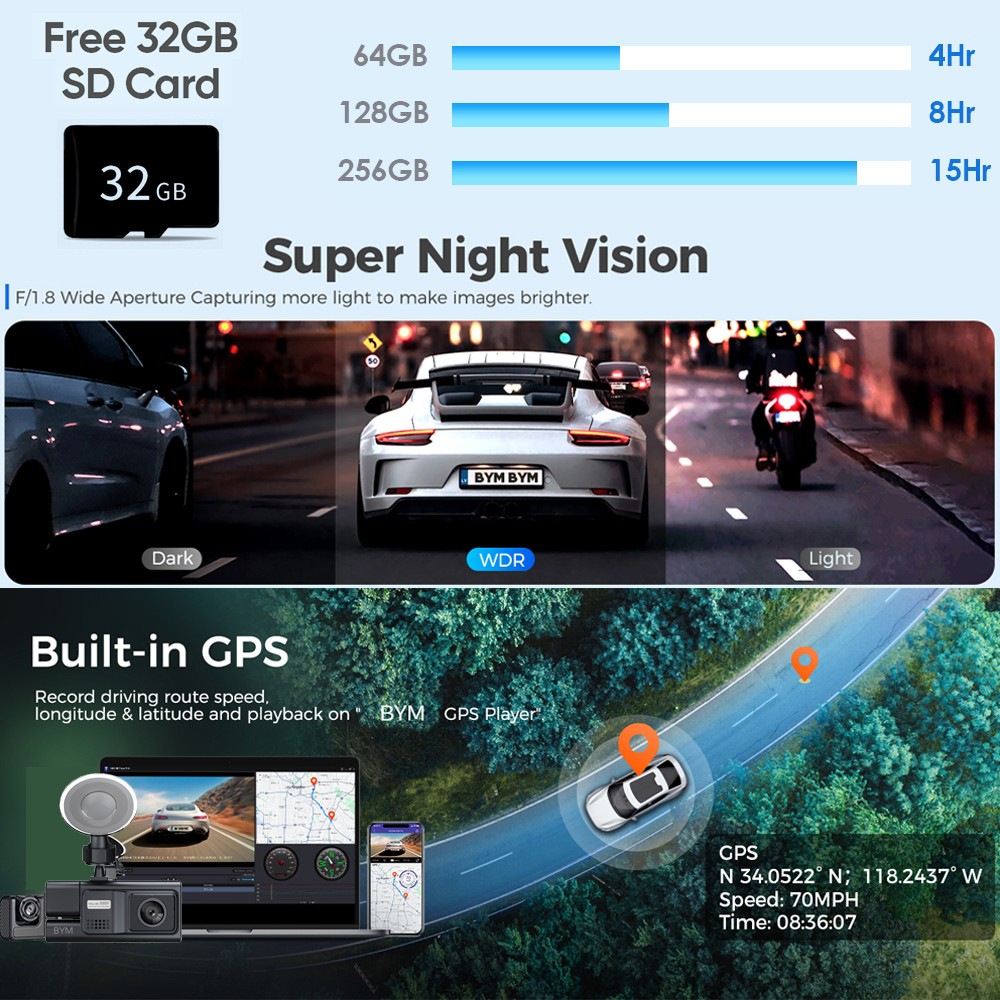 Dashboad Camera Car Camera 3 Channel 1080P Camera Night Vision IPS Screen