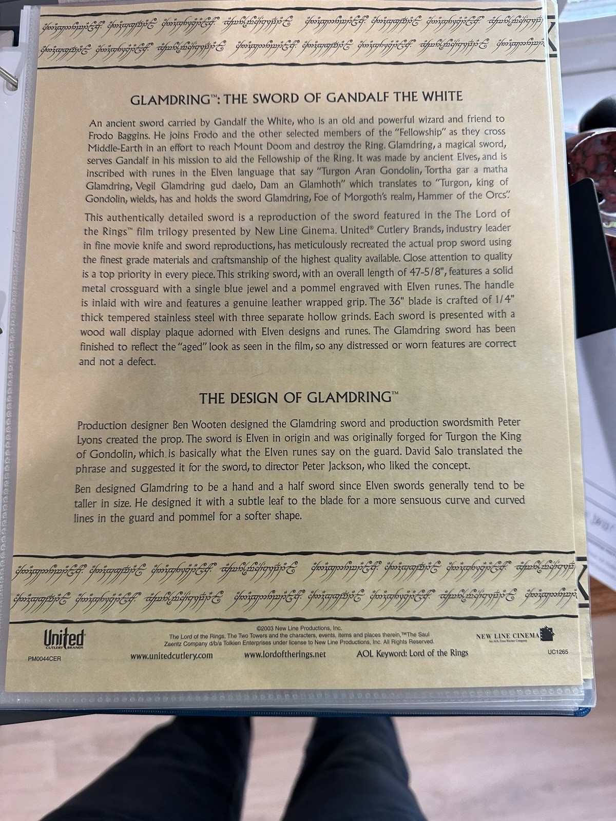 GANDALF'S GLAMDRING SWORD and SCABBARD LORD OF THE RINGS