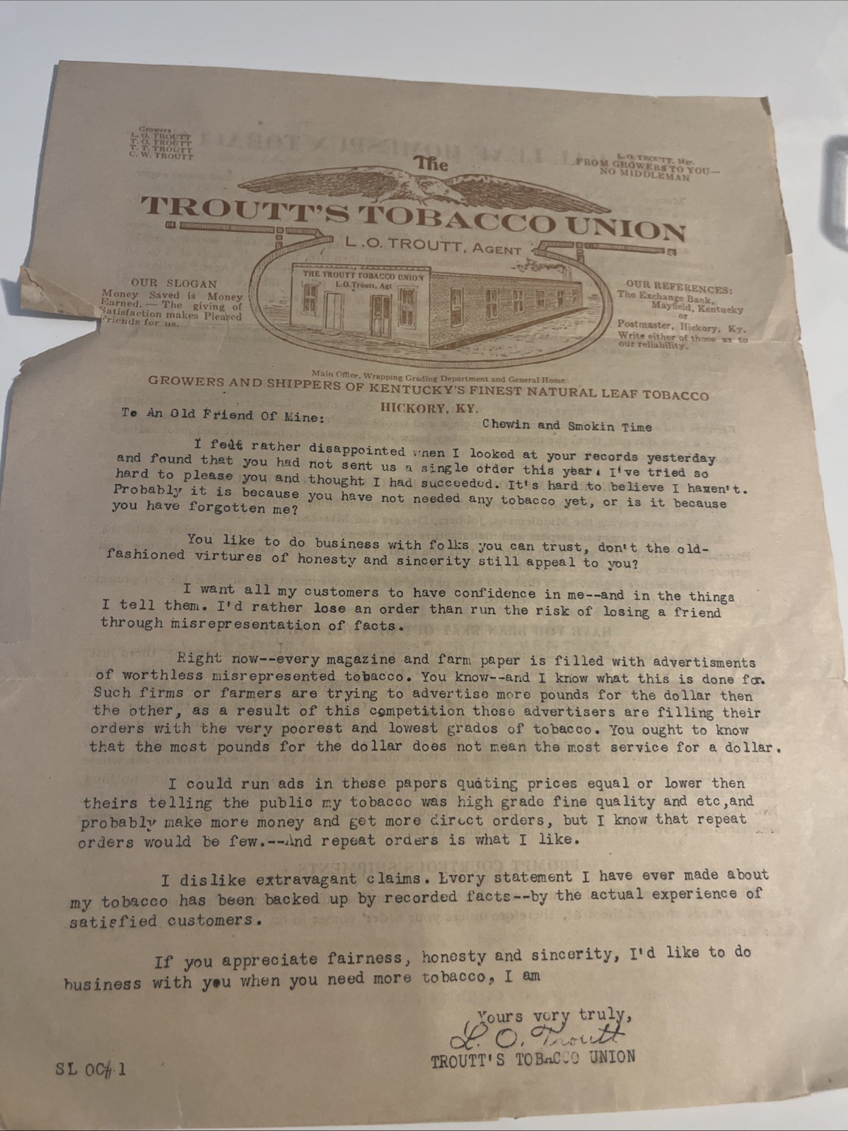 1920s letter from L.O. Troutt of Troutt's Tobacco Union To Long Lost Customer