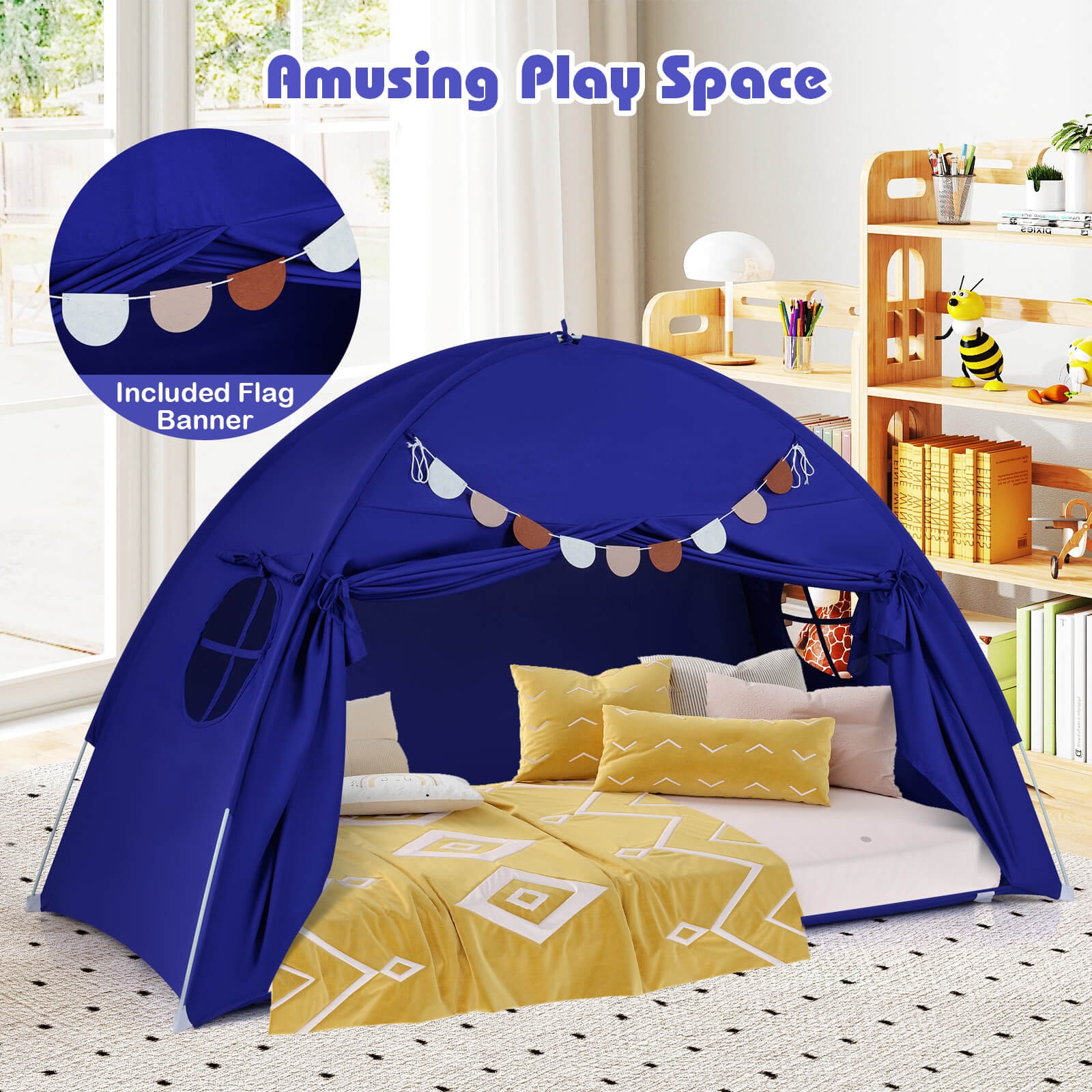 Twin Size Bed Tent w/2 Windows, Flags for Boys & Girls Aged 3+ Years Old