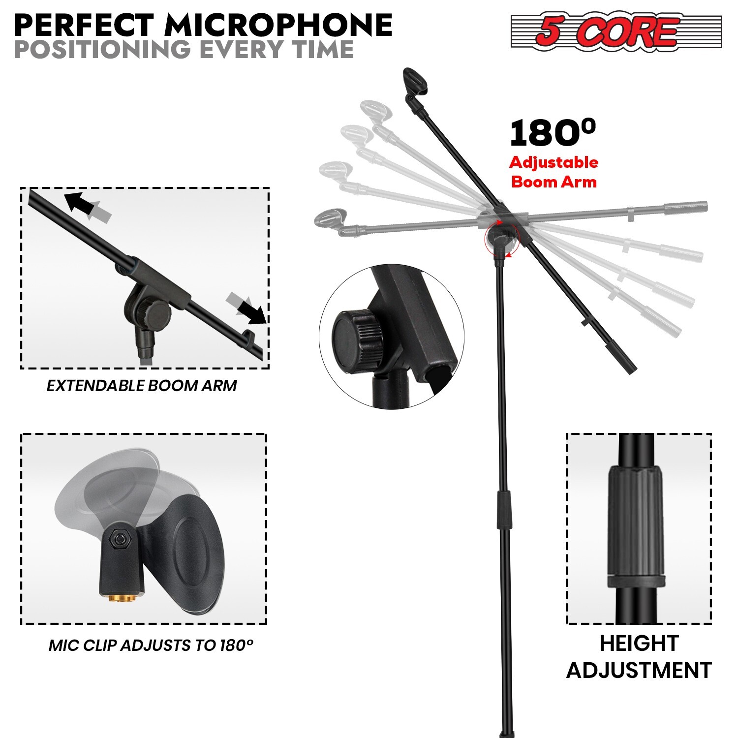 5Core Microphone Stand Floor Tripod Height Adjustable Telescoping Boom Arm