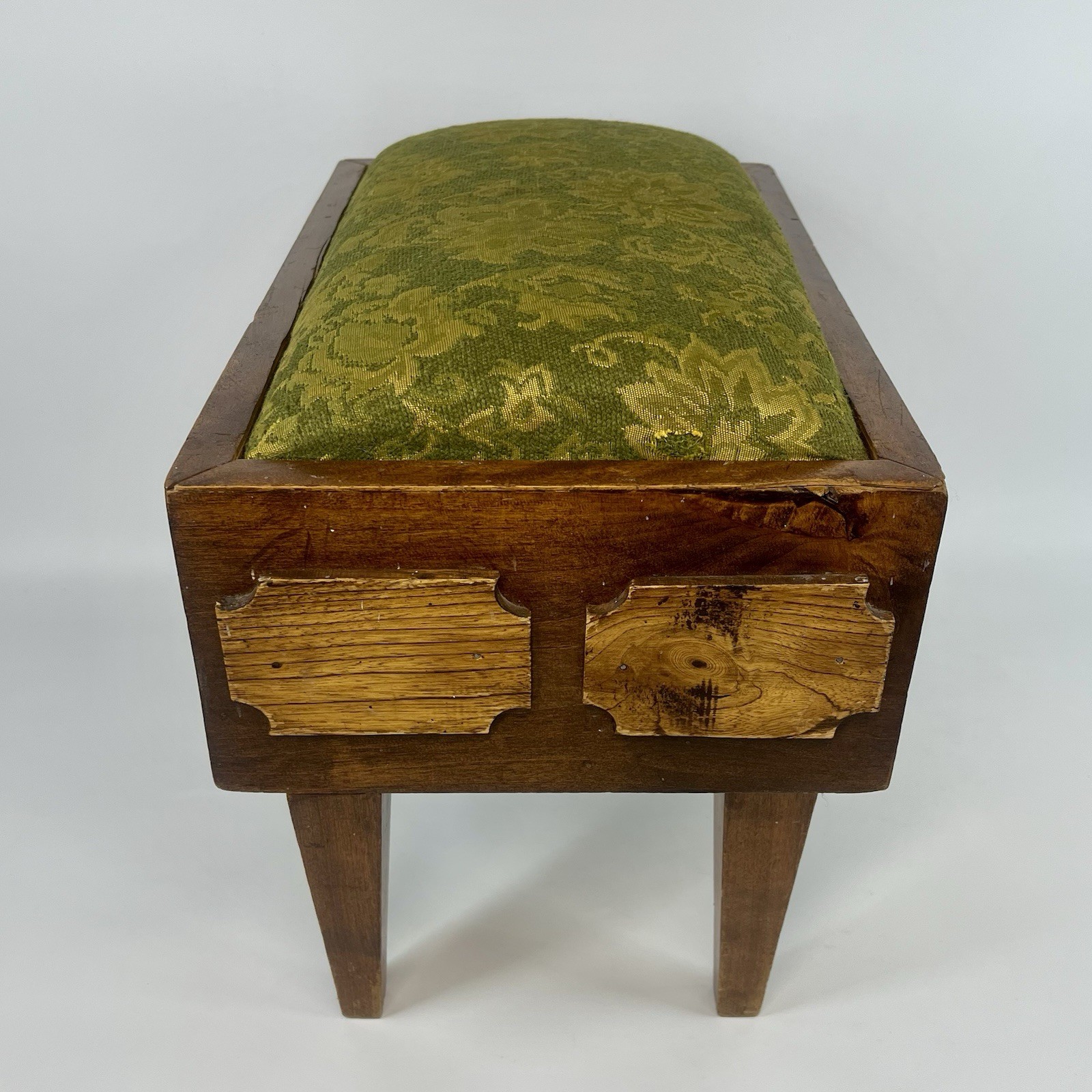 Antique Mission Style Arts & Crafts Wood Foot Stool w/ Green Damask Fabric Top