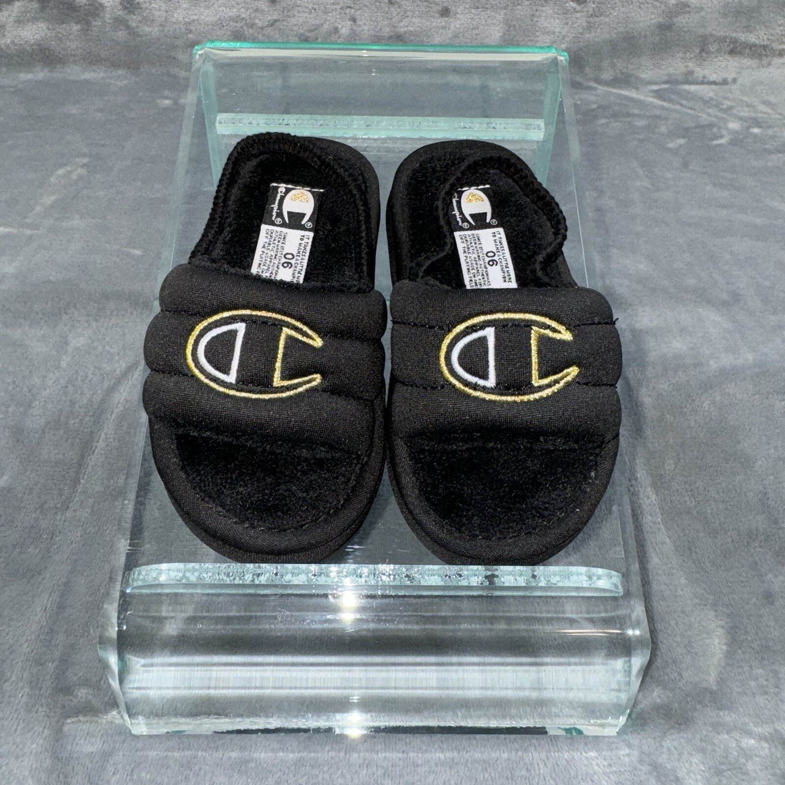 Champion Plush Core Slides Black White Gold CPS10477T Toddler NWOB