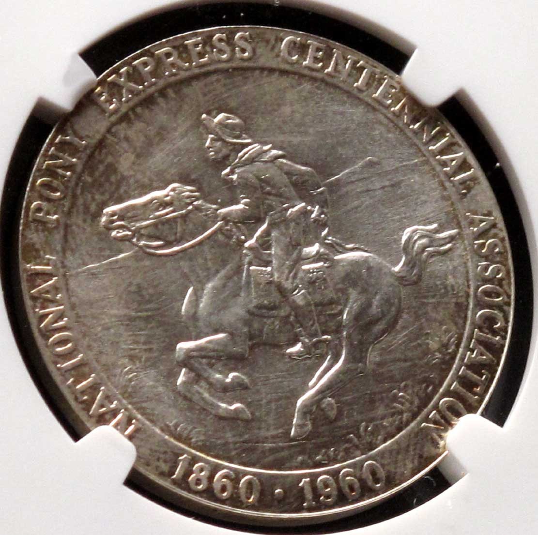 1960 HK-582 : NGC MS 66 : Gem SILVER Pony Express Centennial Off. Medal ASW 0.83