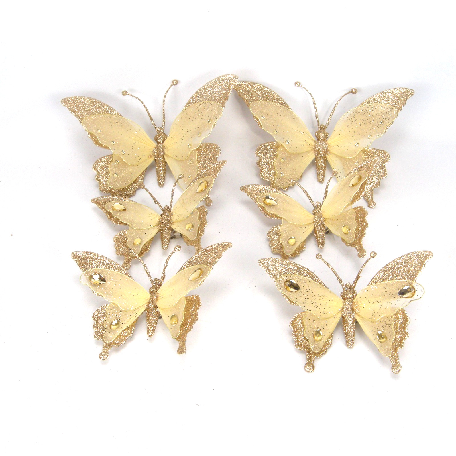 Glittered Gold Butterfly Clip On Craft Decorations Floral 2 Large 4 Medium Set