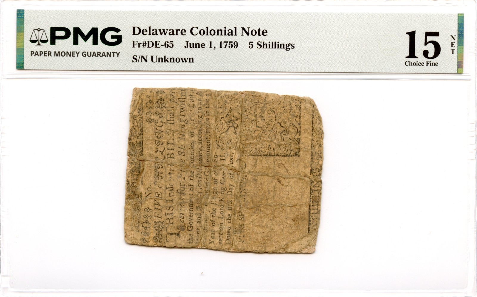 Delaware Colonial Note Fr#DE-65 June 1, 1759 5s PMG F-15 *Ben Franklin*