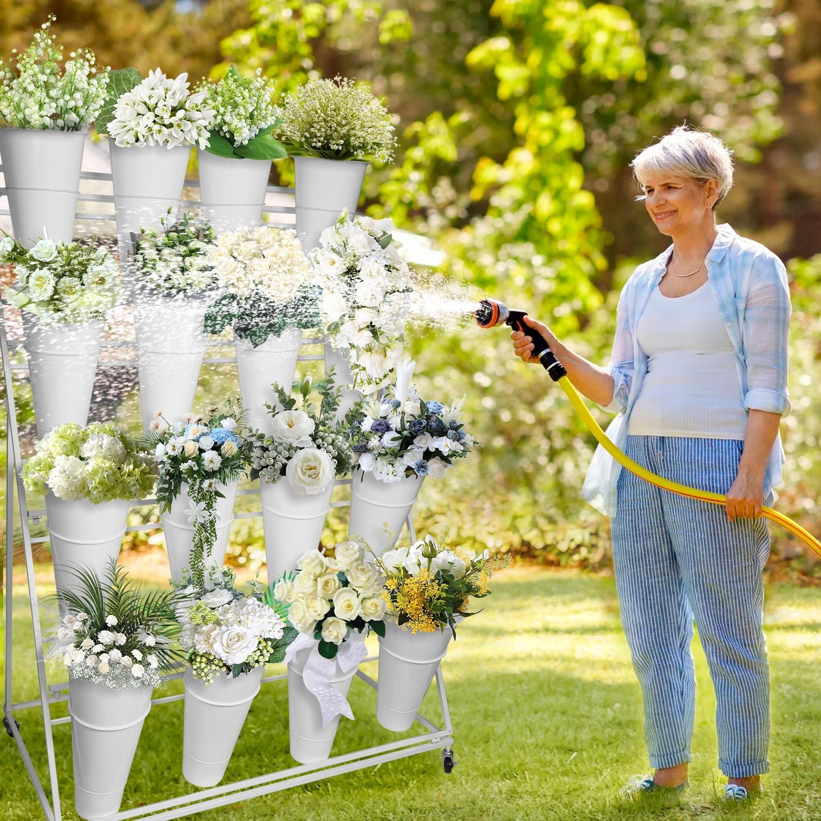 3/4 Tiers Flower Display Stand Cart w/ Round/Square &12/16 Buckets Flower Stand