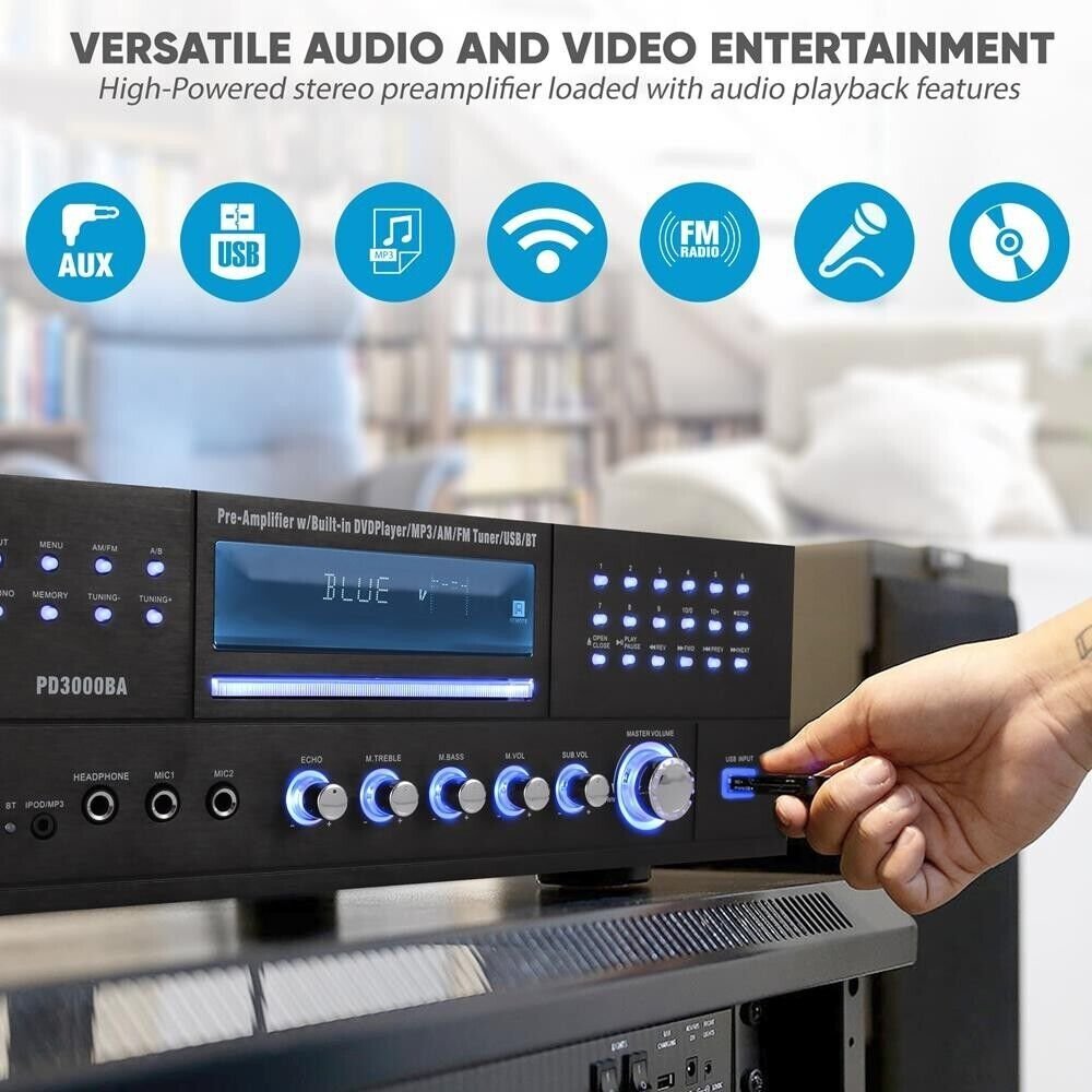 Pyle Bluetooth 4.1 Channel 3000W AM/FM Stereo Receiver Amplifier DVD CD USB/SD
