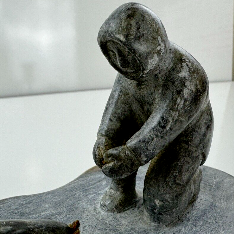 Alaskan Native Vtg Soapstone Tableau Seal & Hunter Contemporary Green Variegated