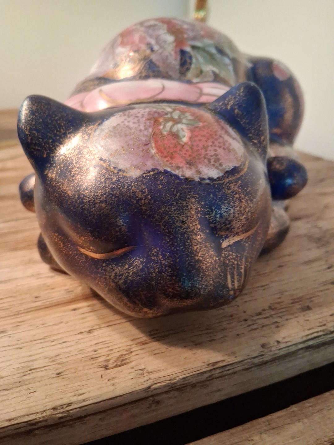 Vintage Asian Sleeping Cat 9.5" Floral Gilded Ceramic Porcelain Hand Painted