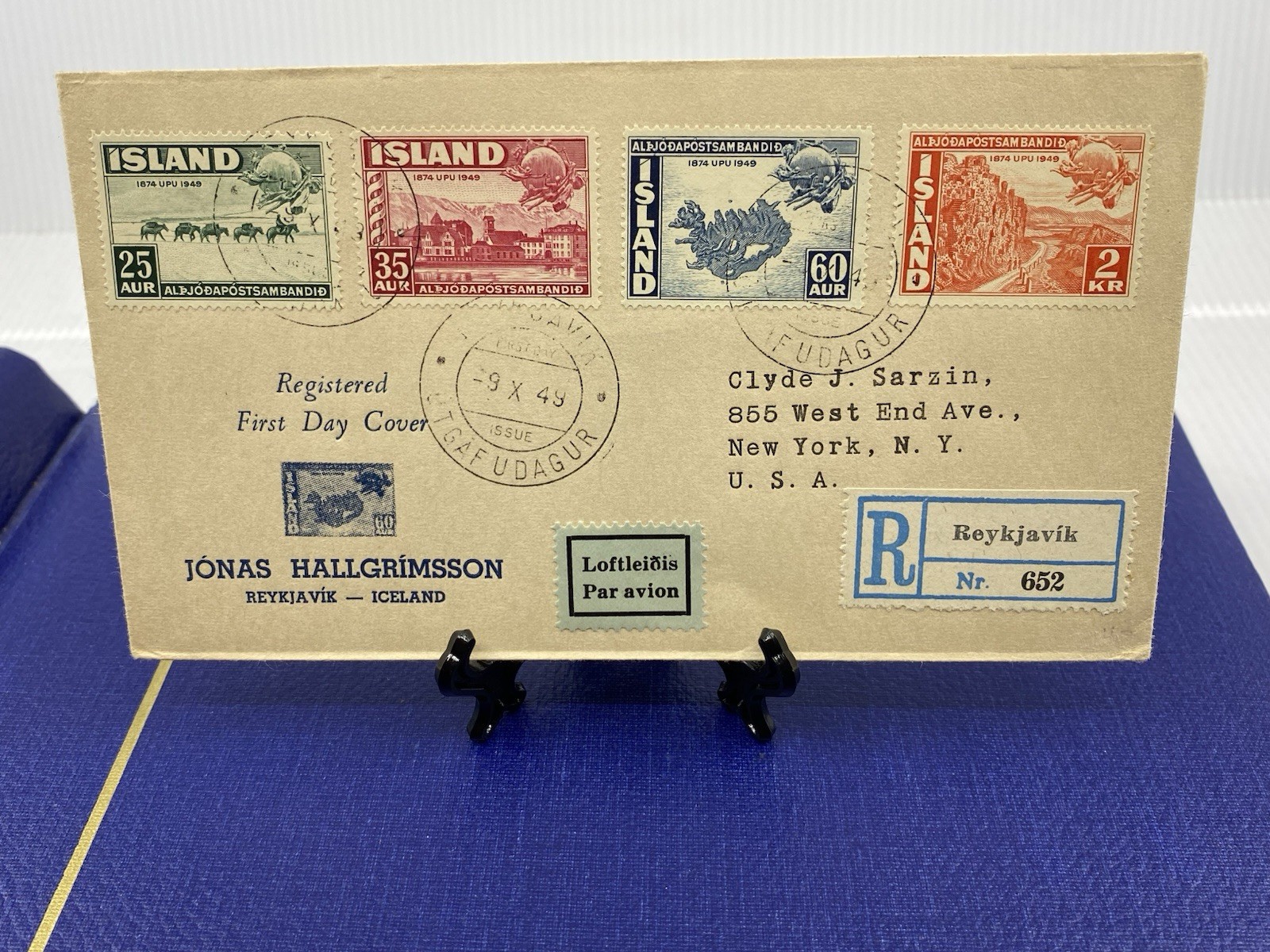 1949 ICELAND FDC UPU 75TH ANIV, Registered First Day Cover, to New York, N.Y.