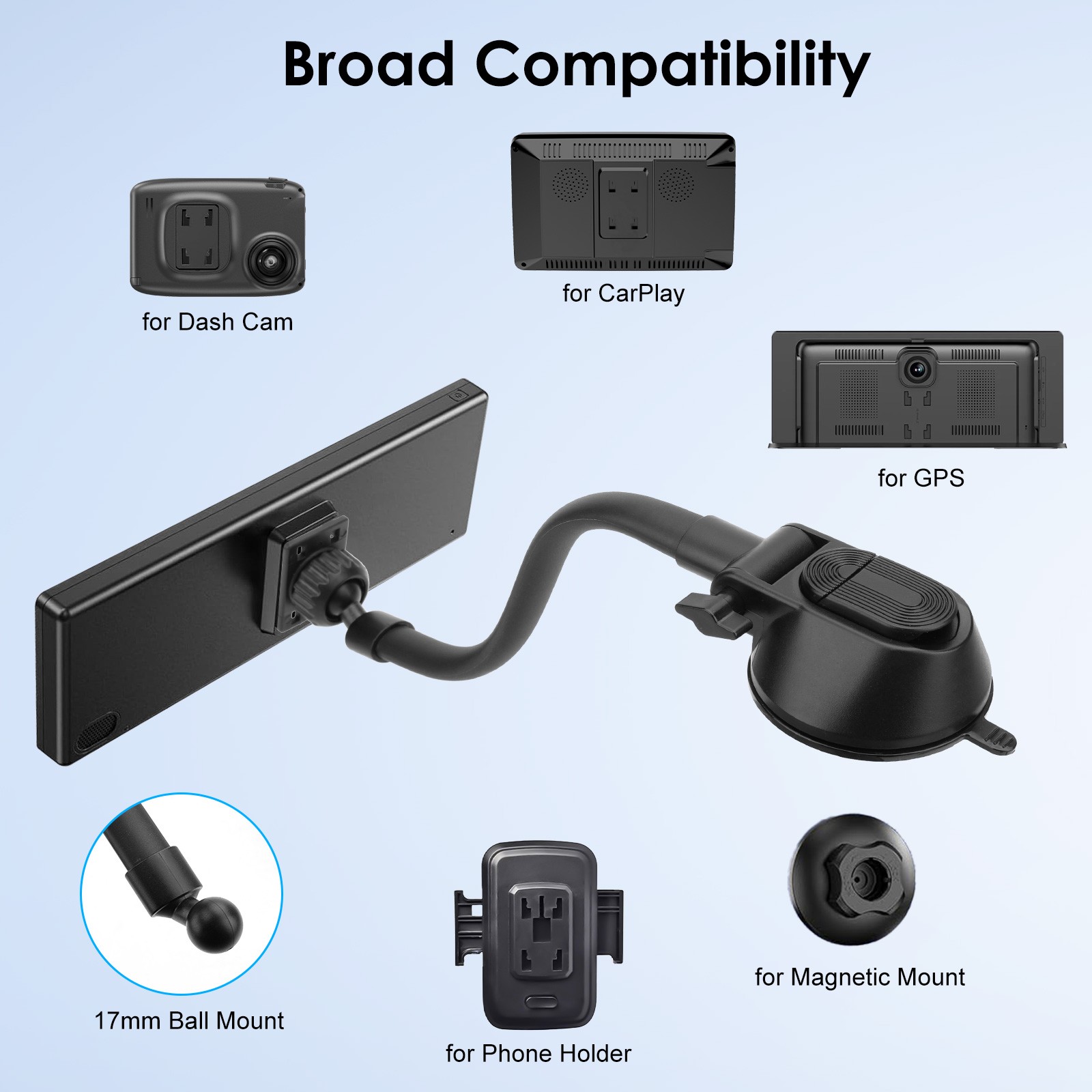 CarPlay Screen Mount Suction Cup Holder for 7–10.26"Car Monitors w/Gooseneck Arm