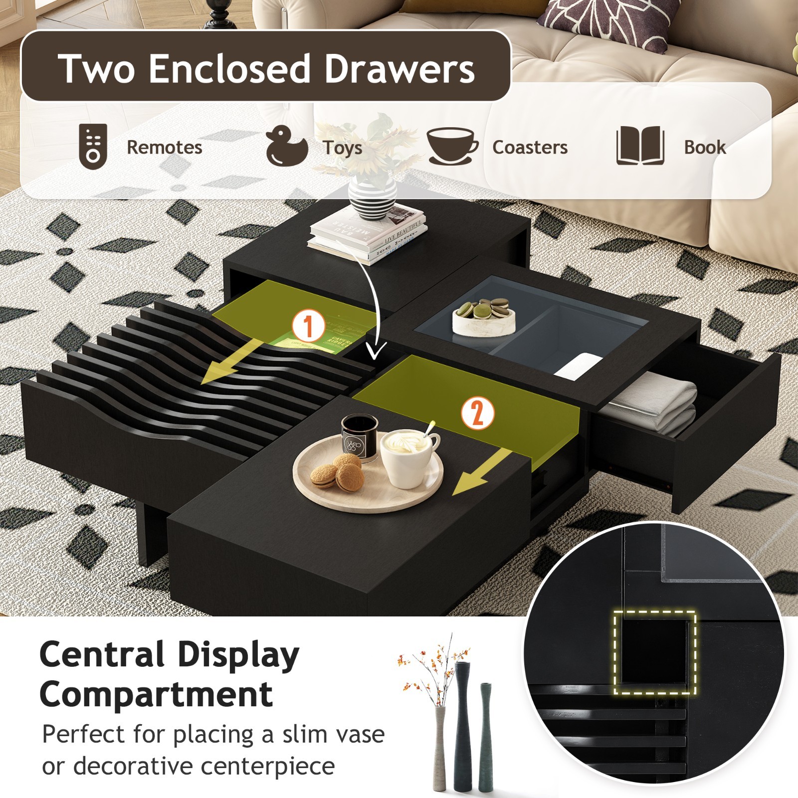 Mid-Century Modern Coffee Table Wooden Square Center Table With Storage Drawers