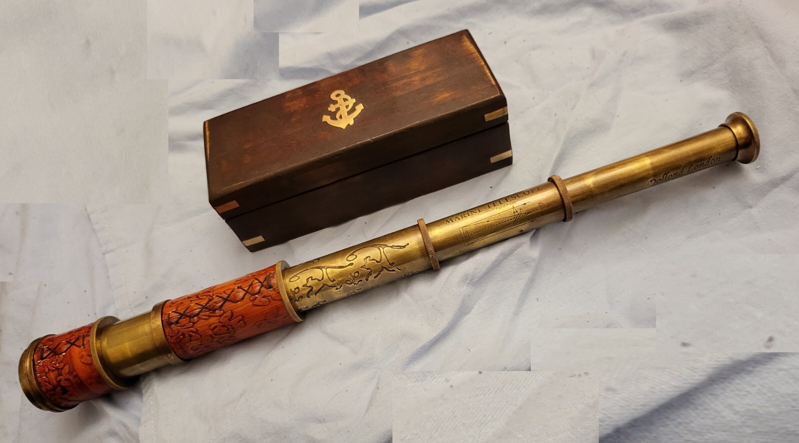 Vintage Telescope Antique Astronomy Space Stars Old Gold Lustre Wooden Box Retro