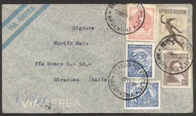 1952 Argentina To Italy Siracusa Airmail Cover Multiple Franking With 7 Stamps
