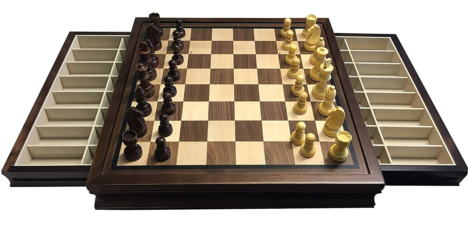 Chess Set Board Game 19" Large Deluxe w/ Drawer Storage Box Walnut Wood 1208M