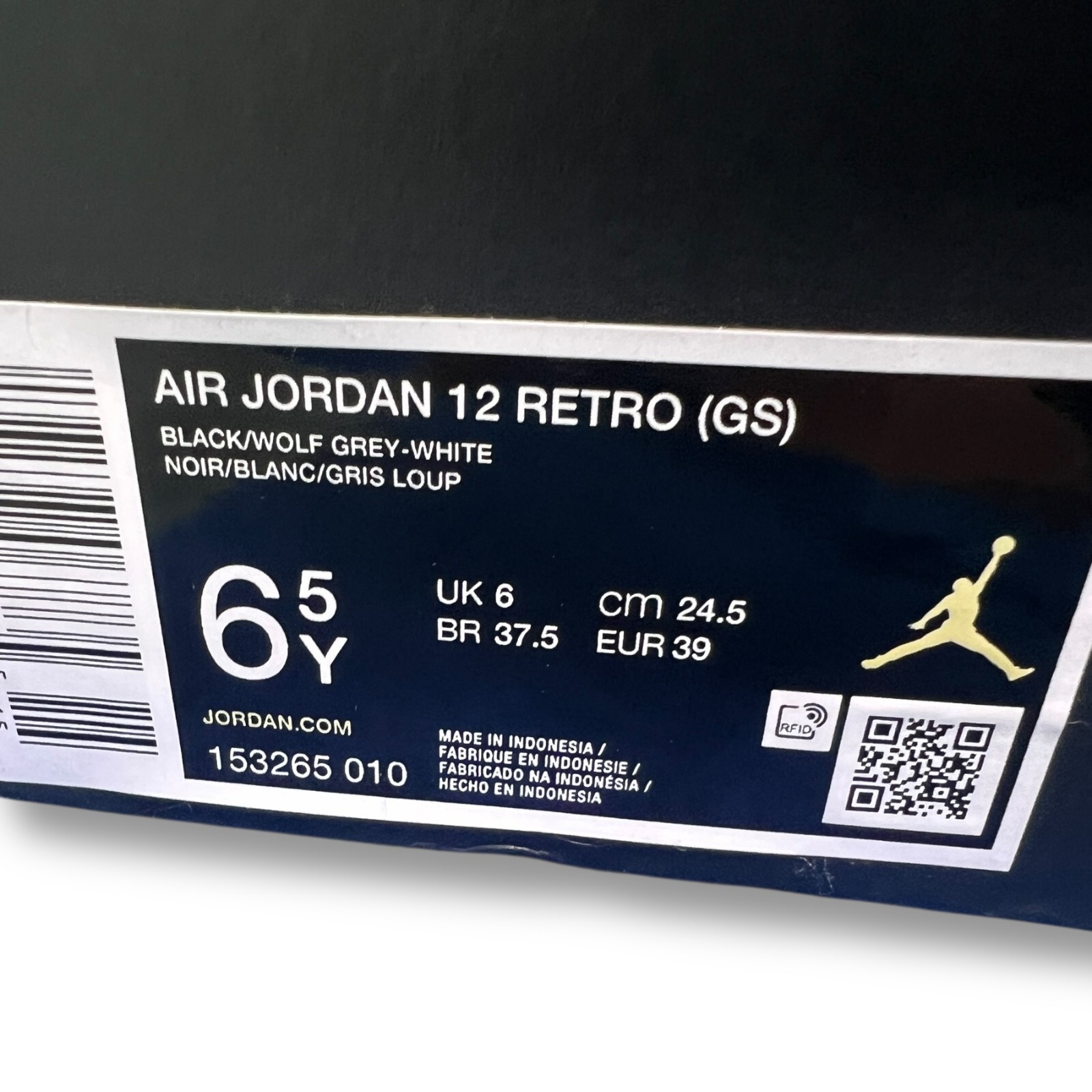 Nike Air Jordan 12 Retro GS Black Wolf Grey White 153265-010 Youth 6.5Y EUR 39