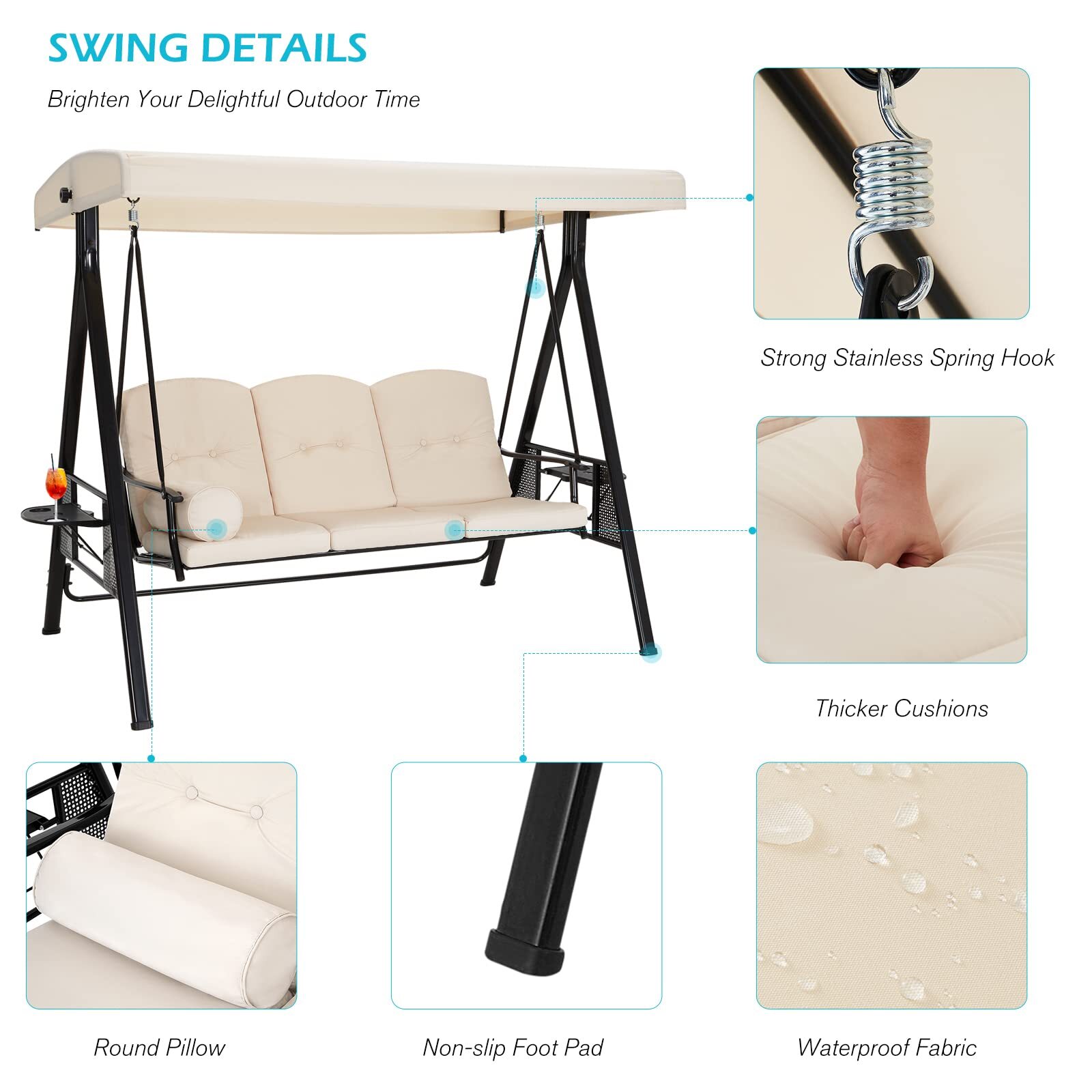 3-Person Outdoor Patio Swing Chair w/Adjustable Canopy Cover &Steel Frame 3 Type