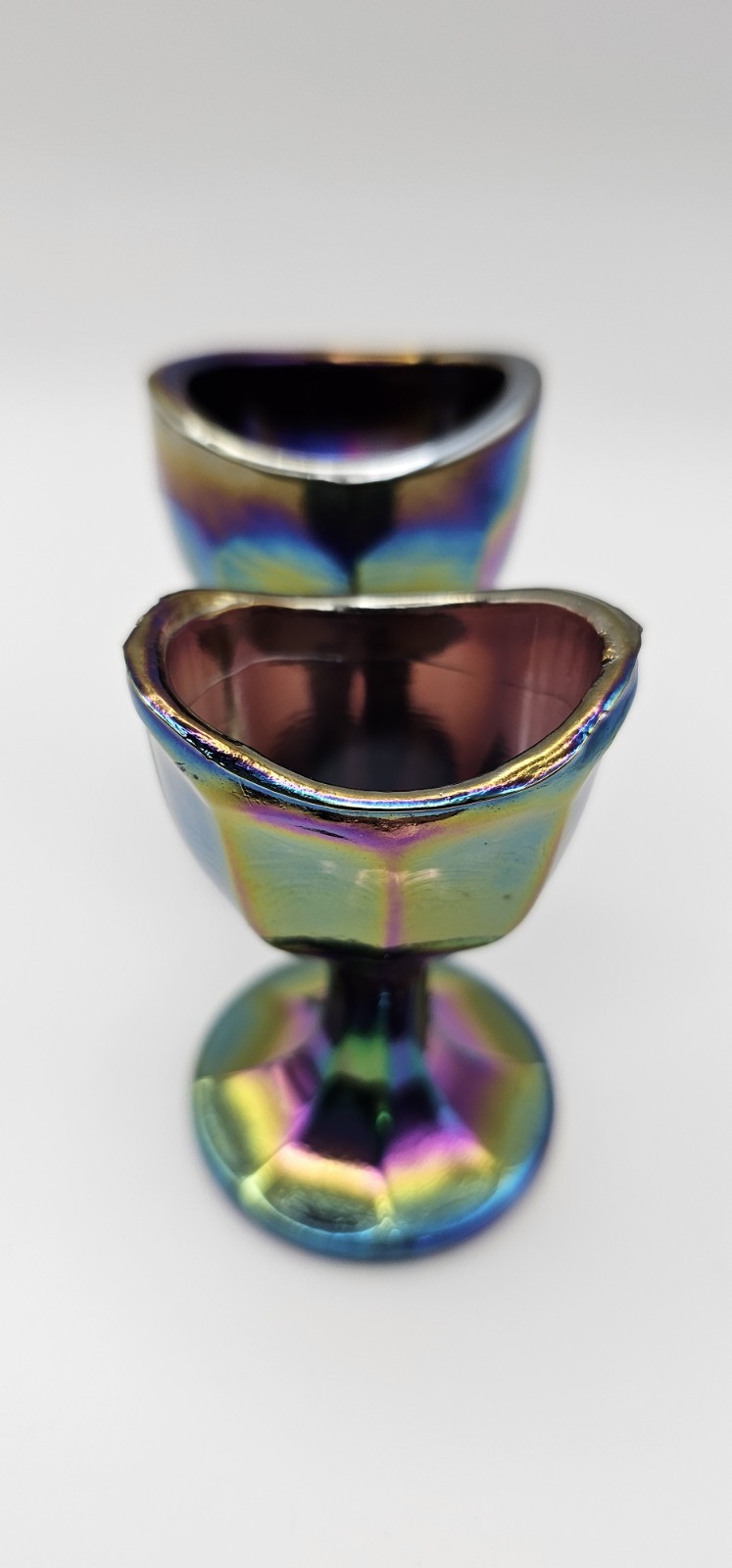 Lot 2 VTG Carnival Glass Eye Wash Cups Iridescent Optical Medical Amethyst