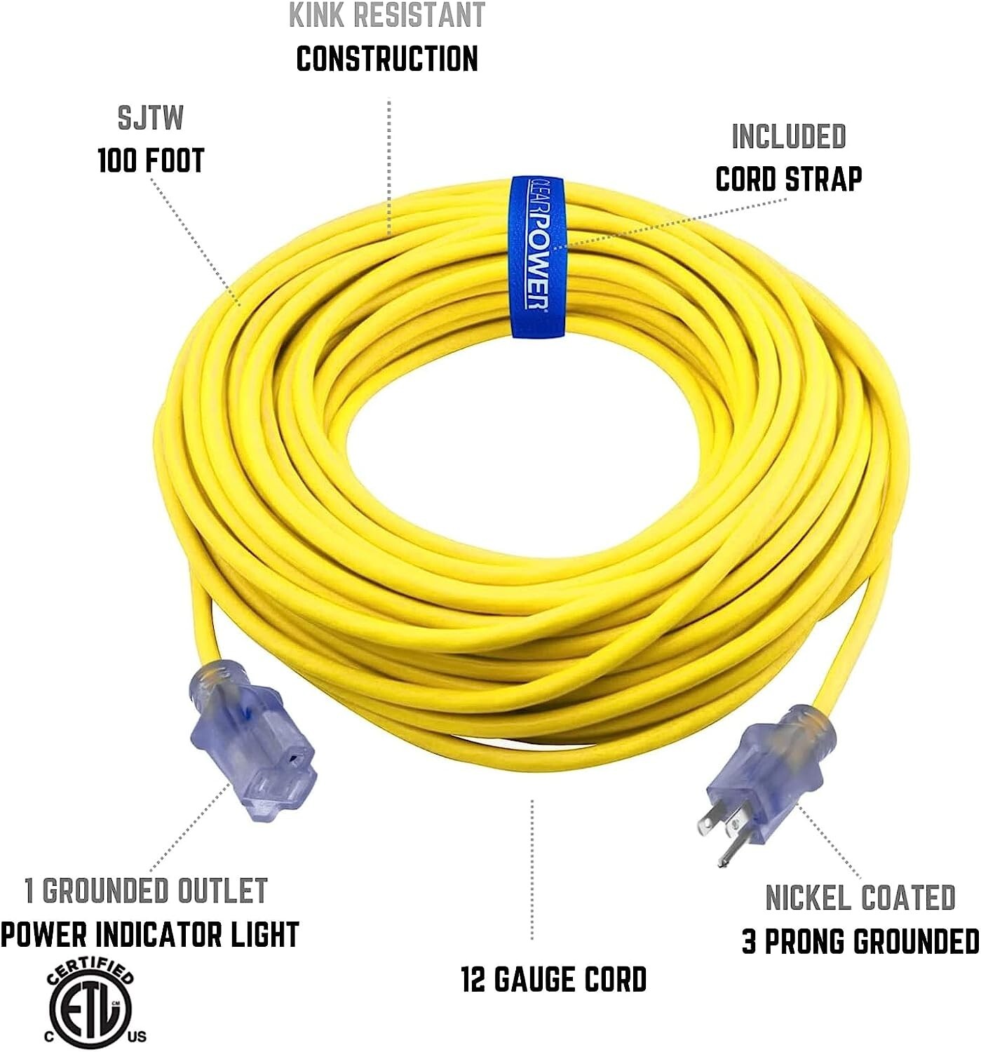 CP 100ft 12/3 SJTW Yellow Outdoor Extension Cord w/Power Indicator Light,CP10149