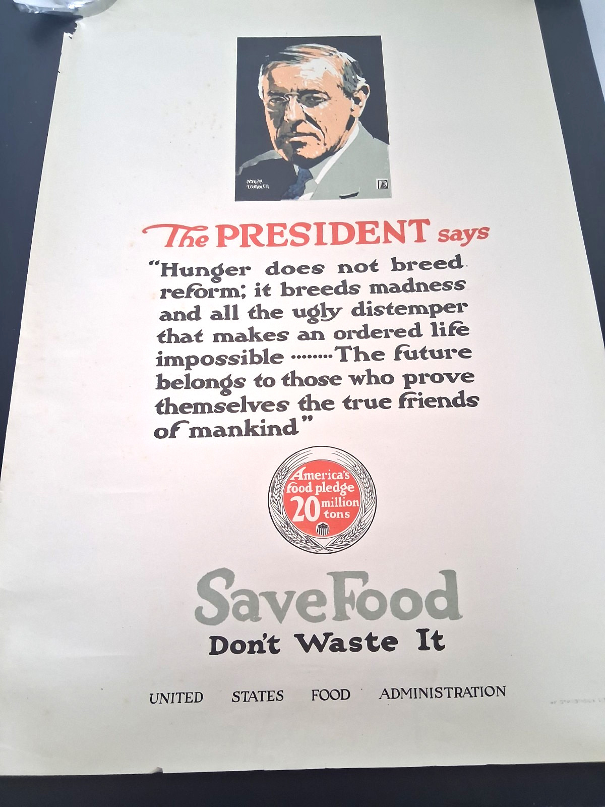Original WWI U.S. Food Admin Poster Adolph Treidler Woodrow Wilson ~20” X 30”