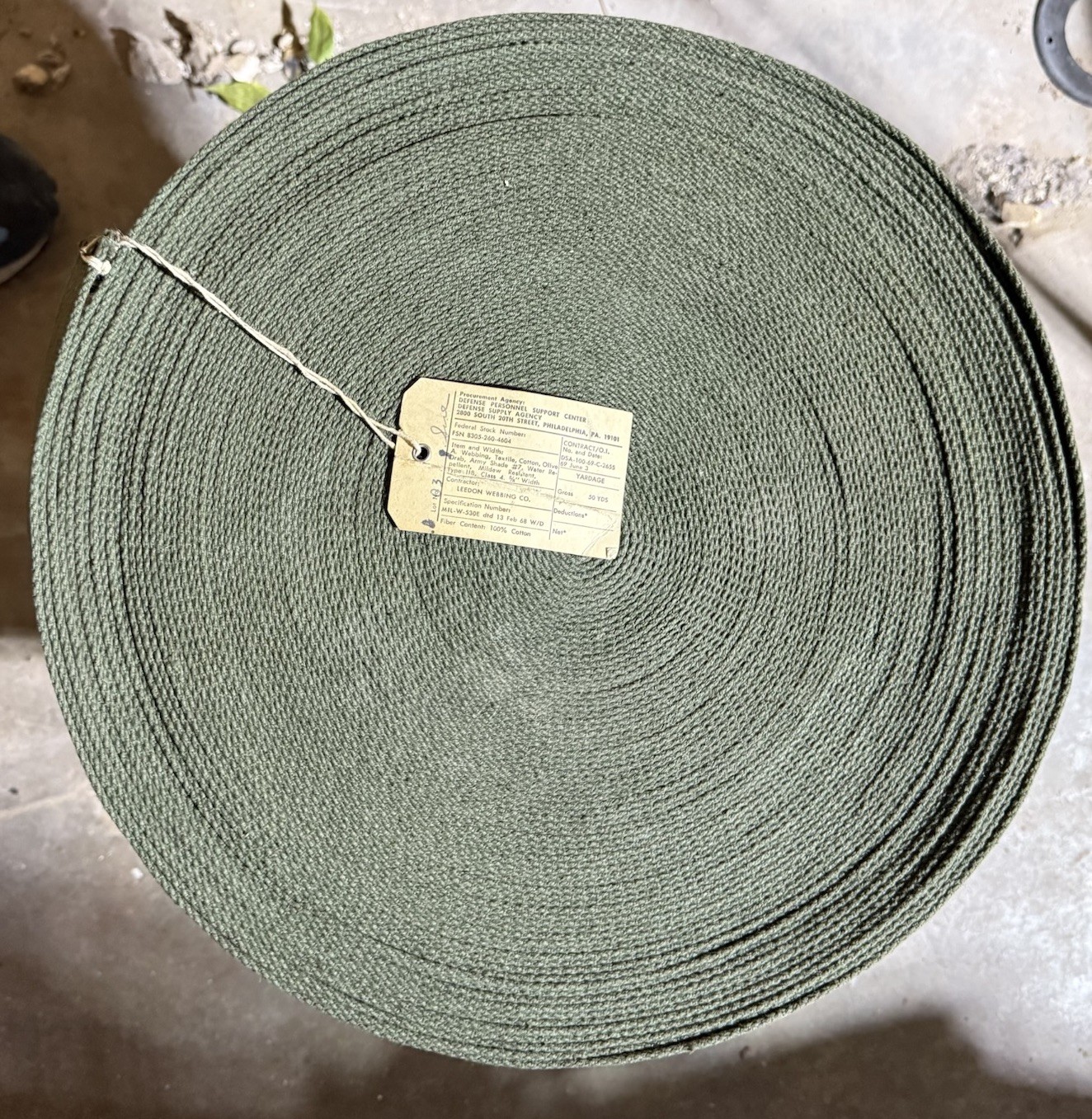 Vtg U.S. Military OD-7 Cotton Webbing 5/8 inch wide ~50 Yards Dated 1969. Tag