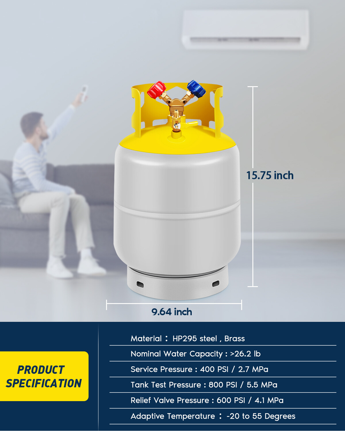 Recovery Tank 30lb for R134, R410, R12, R22 400 PSI 1/4 SAE Y-Shaped Valve