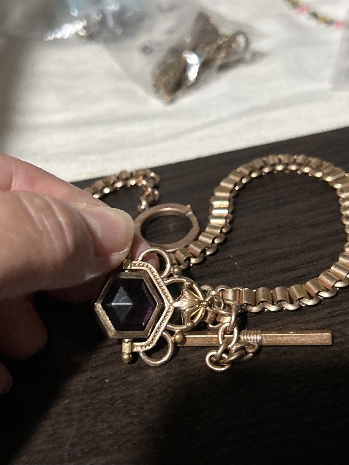 Victorian Rose Gold Fill Purple Watch Fob Spinner Book Link Chain Large Ring