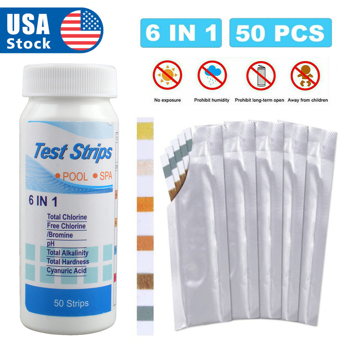 200PCS 6IN1 Chlorine Dip Test Strips Hot Tub SPA Swimming Pool PH Tester Paper