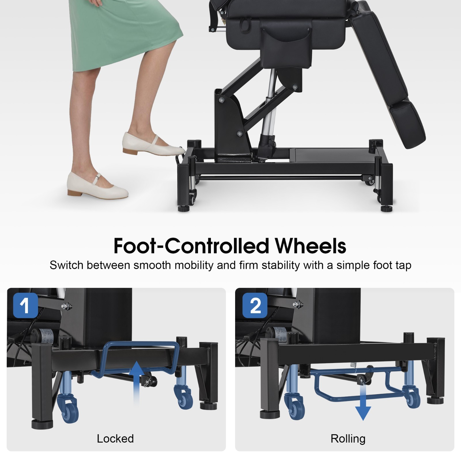 3-Motor Electric Beauty Bed with Foot-Controlled Wheels, Mobile Massage Bed 2754
