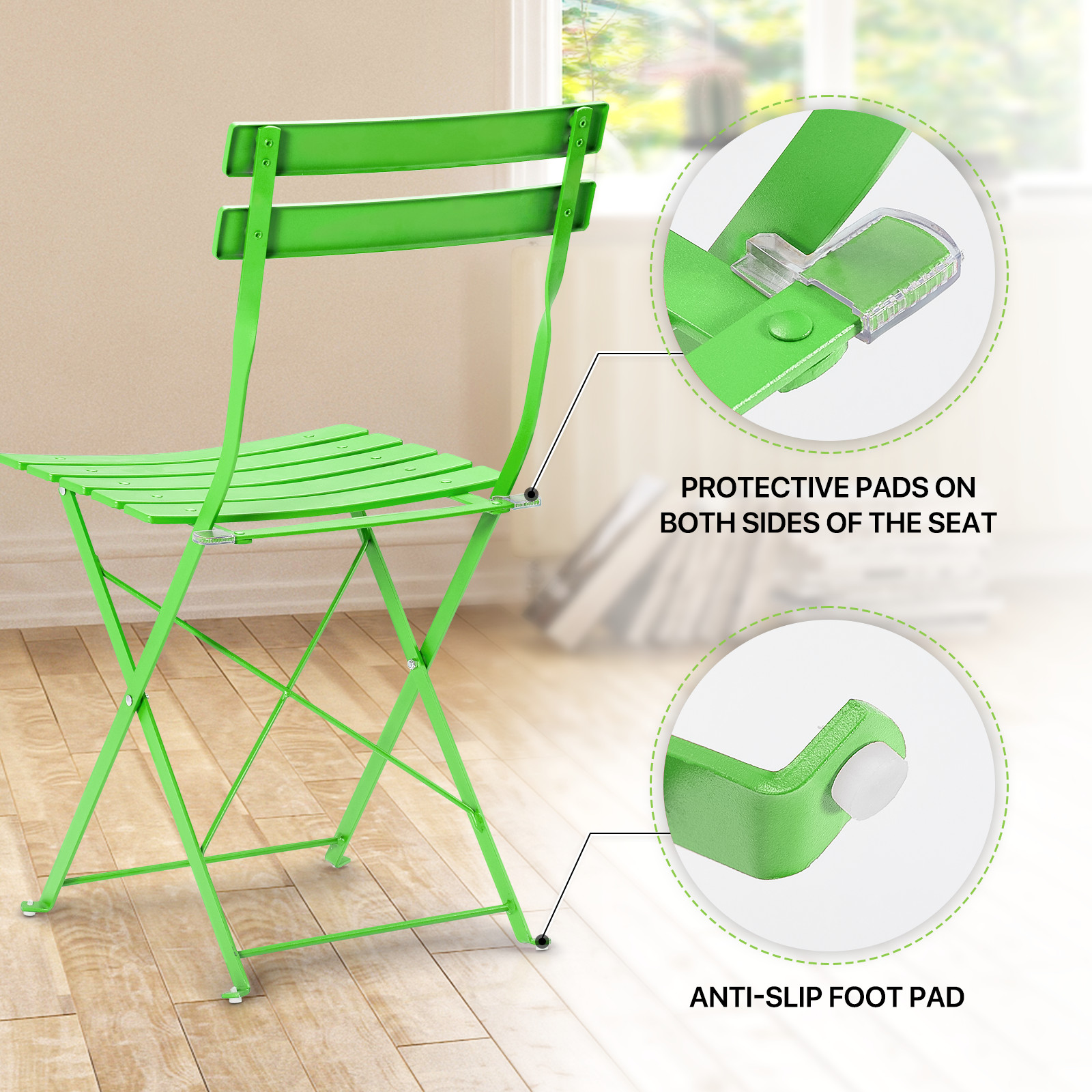 3 Piece Green Patio Table Chairs Set Foldable Garden Patio Furniture w/Cushion