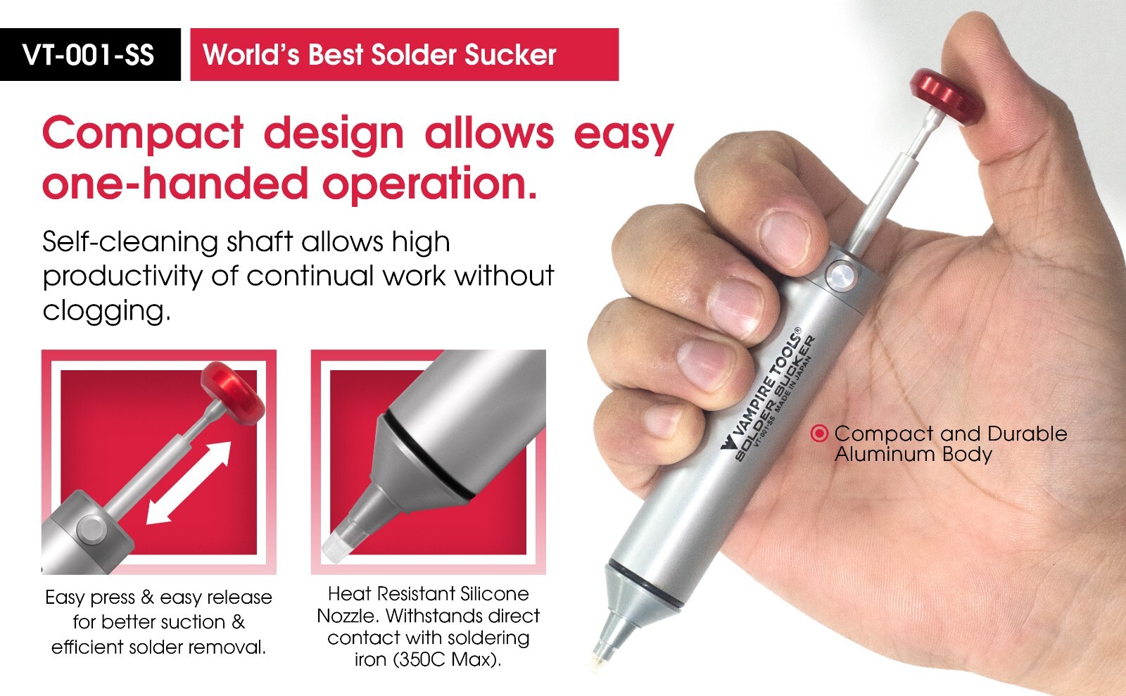 Vampire Tools Solder Sucker Compact and Durable Aluminum Body/Heat VT-001-SS