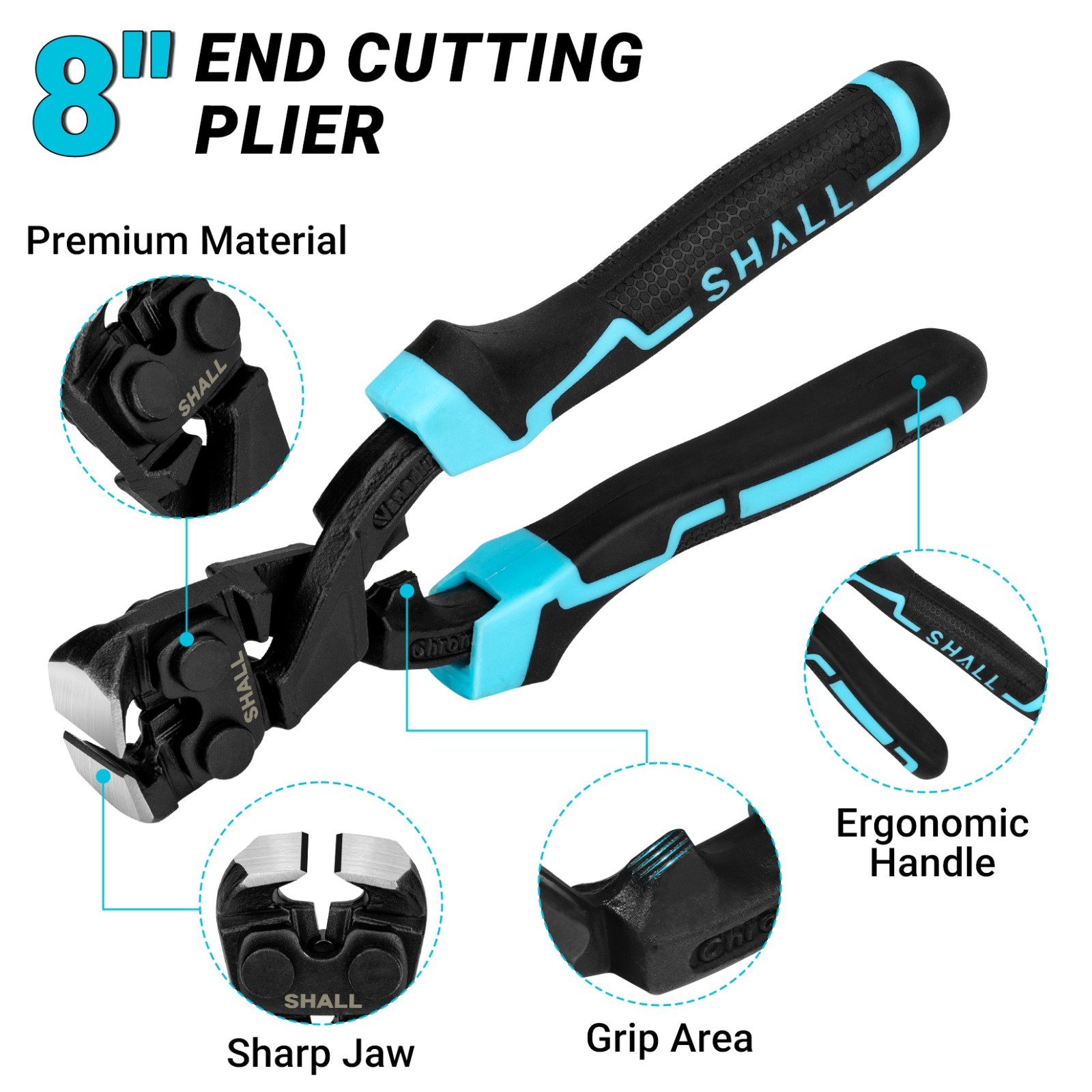 SHALL 8-Inch Nail Puller, 8" End Cutting Pliers, Two-Color Ergonomic Handle