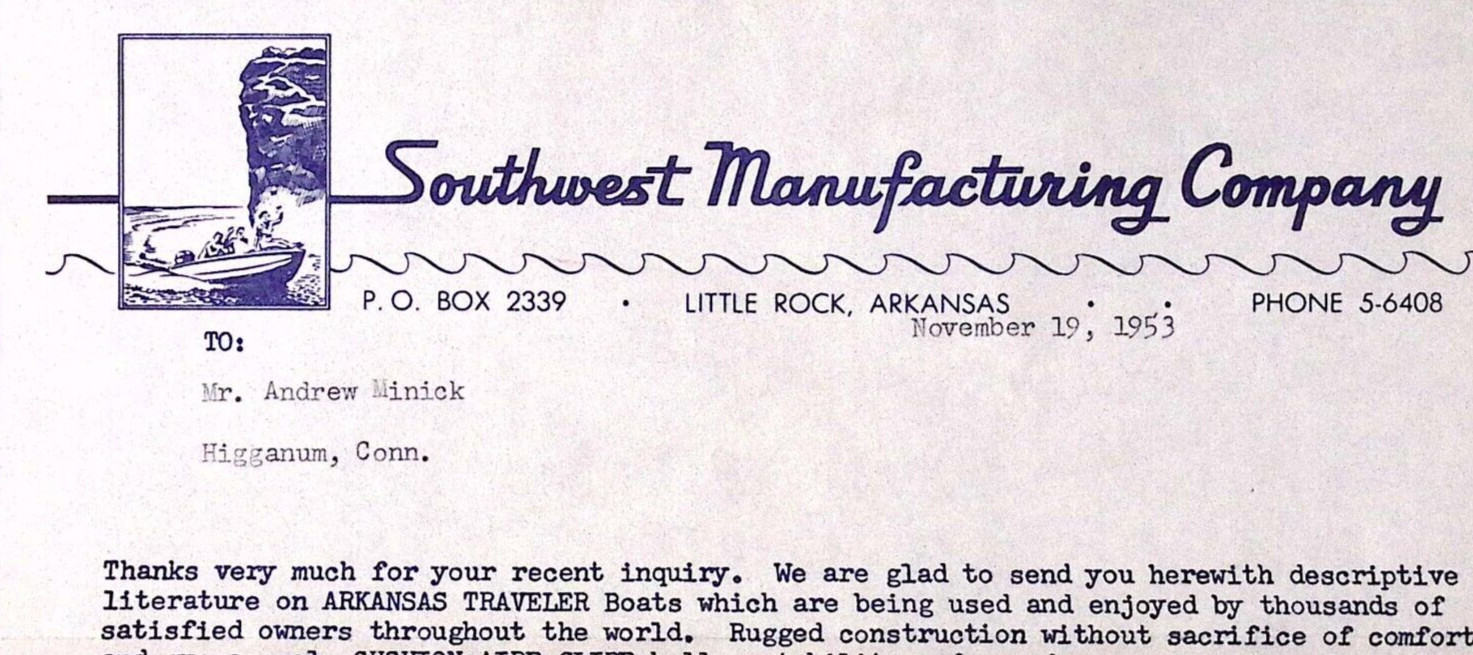 1953 Southwest Manufacturing Company Letterhead Cover LITTLE ROCK AR Boat Mfr.