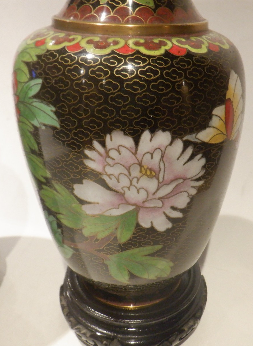 Pair of Vintage Cloisonne' Brass & Enamel Chinese Floral Vases w/Wood Stands