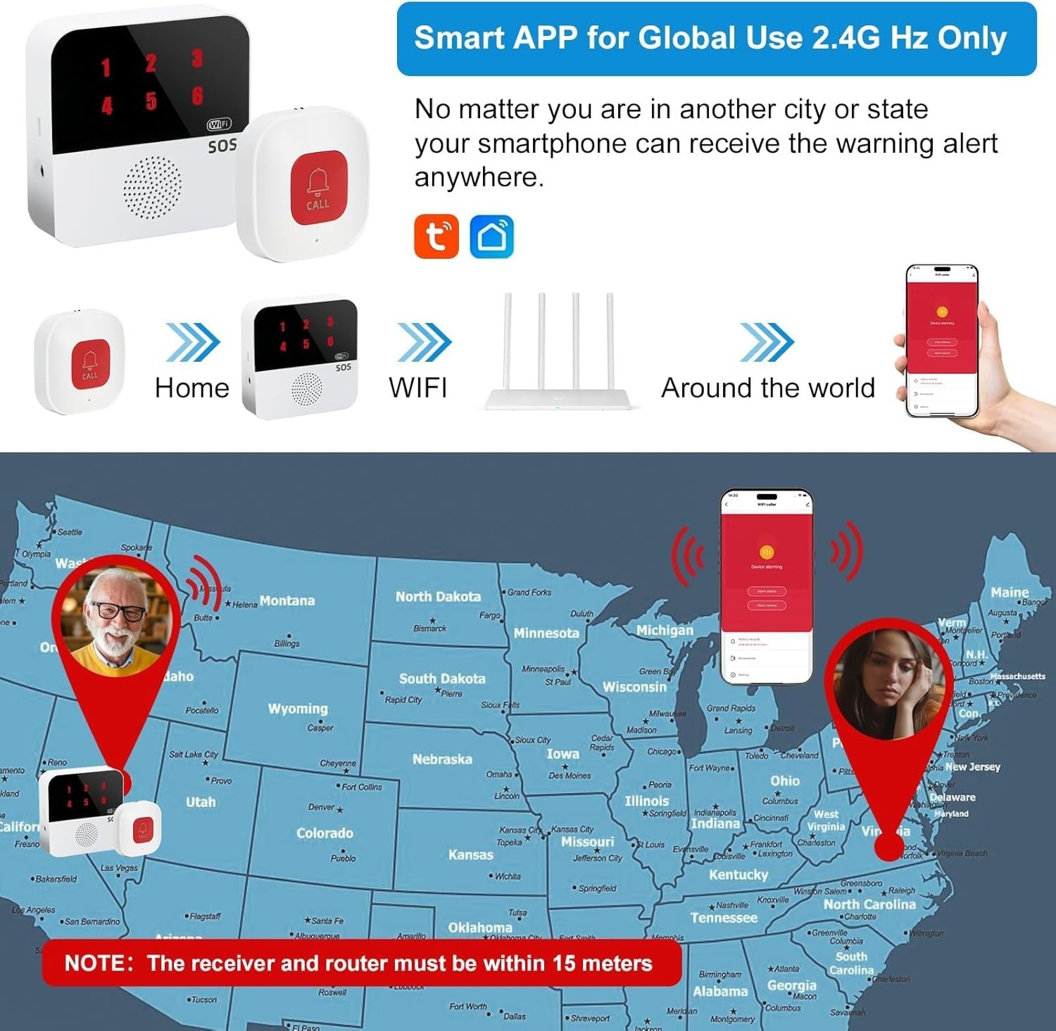 Wireless Caregiver Pager Life Alert System for Seniors No Monthly Fee, Wi-Fi APP