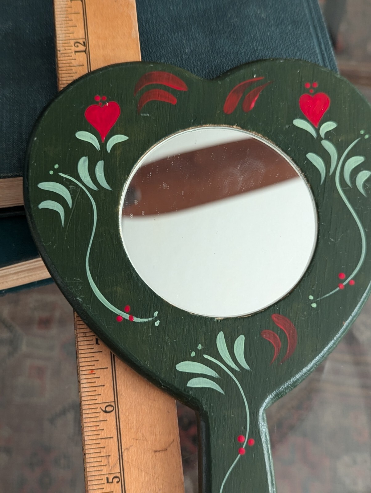 Vtg Hand Mirror Vanity Folk Art Handmade Home Green Wood Tole Painted Floral
