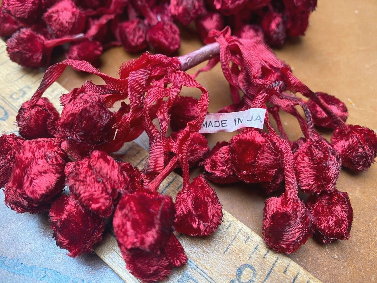 vintage 1940s velvet cherrie red berries hand wrapped 1 bundle made in Japan