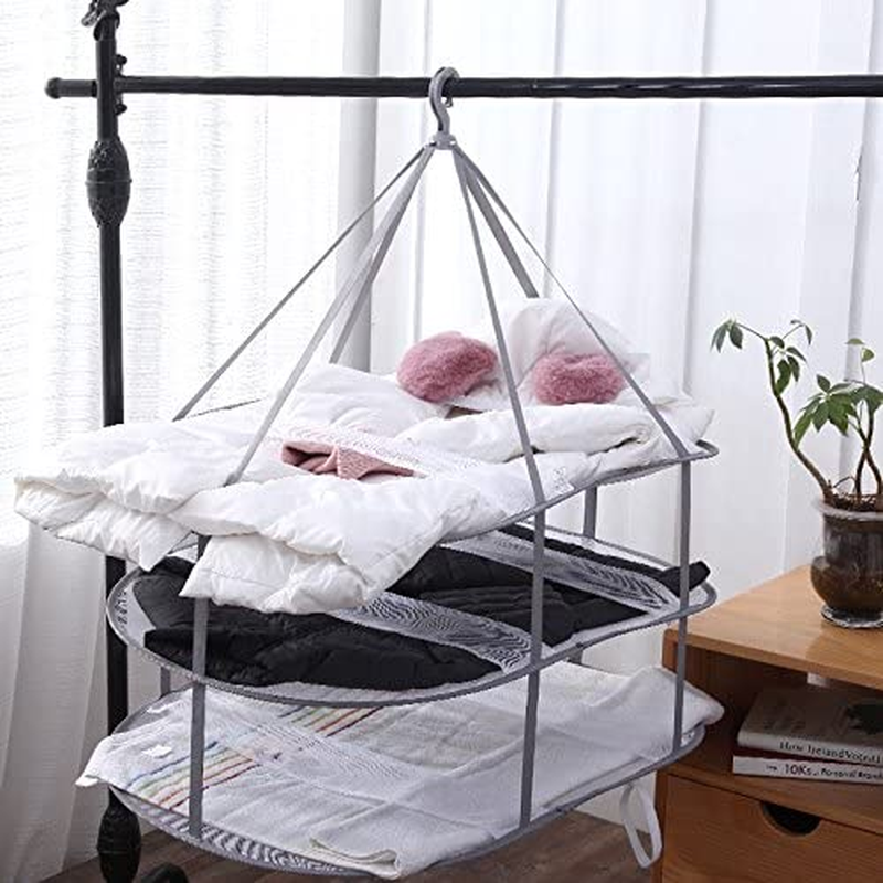 3-Tier Folded Mesh Clothes Hanging Dryer Sweater Drying Rack L Size 30 in