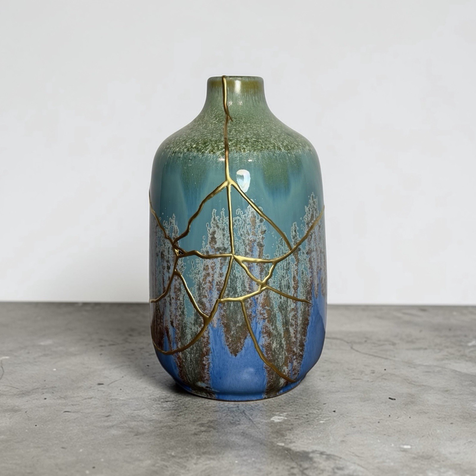 Kintsugi Ceramic Bottle Vase Gold Repair 10” Ocean Glaze Wabi Sabi Decor