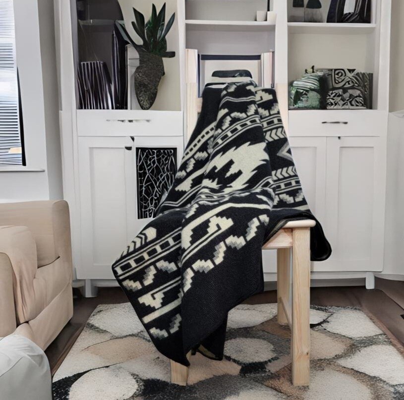 Black Reversible ALPACA Wool THROW BLANKET Andean Southwestern Design 80" X 48"