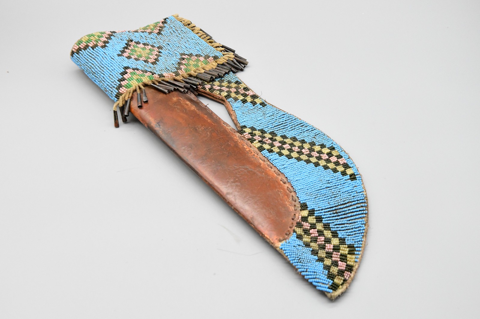 14" 1880s Blackfoot Knife Sheath Blue Beaded and Rawhide With Cones