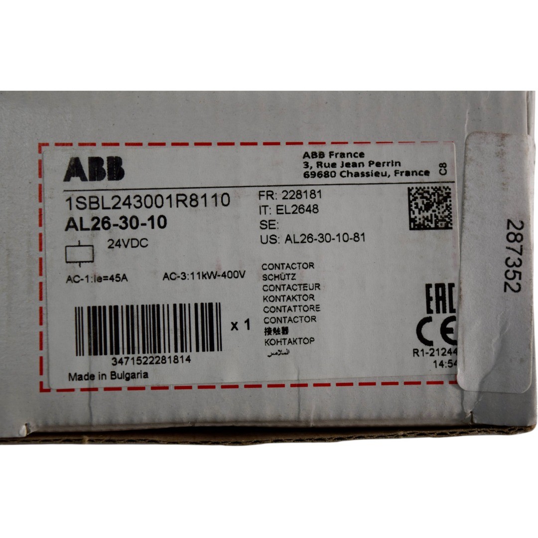 NEW ABB AL26-30-10 1SBL243001R8110 Contactor 45A 11kW 24VDC Coil NIB
