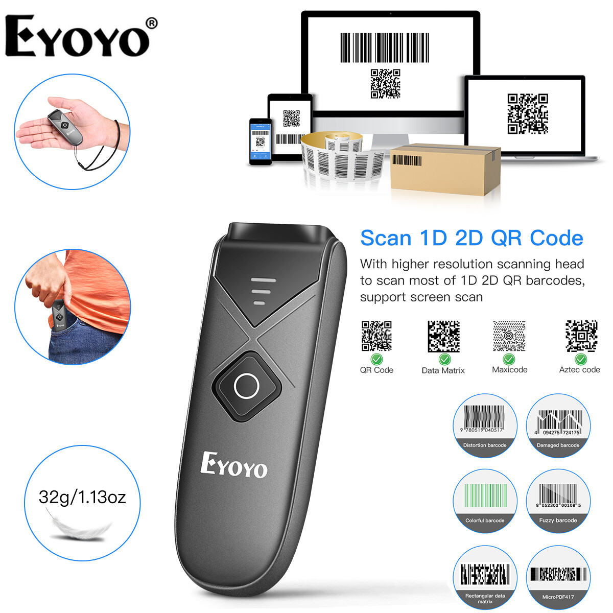 EYOYO Wireless 2D QR Code Barcode Scanner Bluetooth Book UPC EAN Code PC Scanner