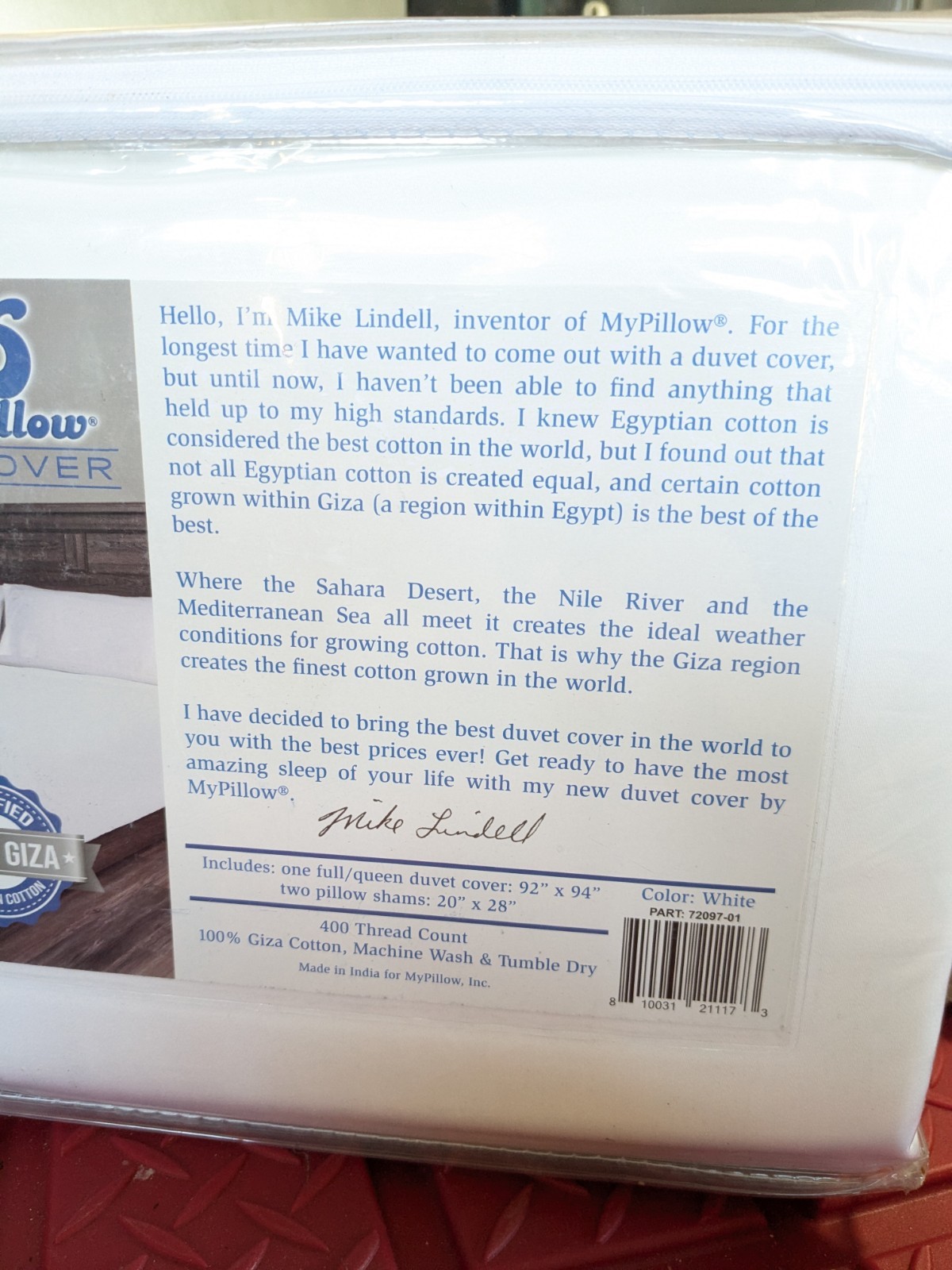 My Pillow Bedding Duvet Cover + 2 Shams Full/Queen White 100% Giza Cotton 400 TC