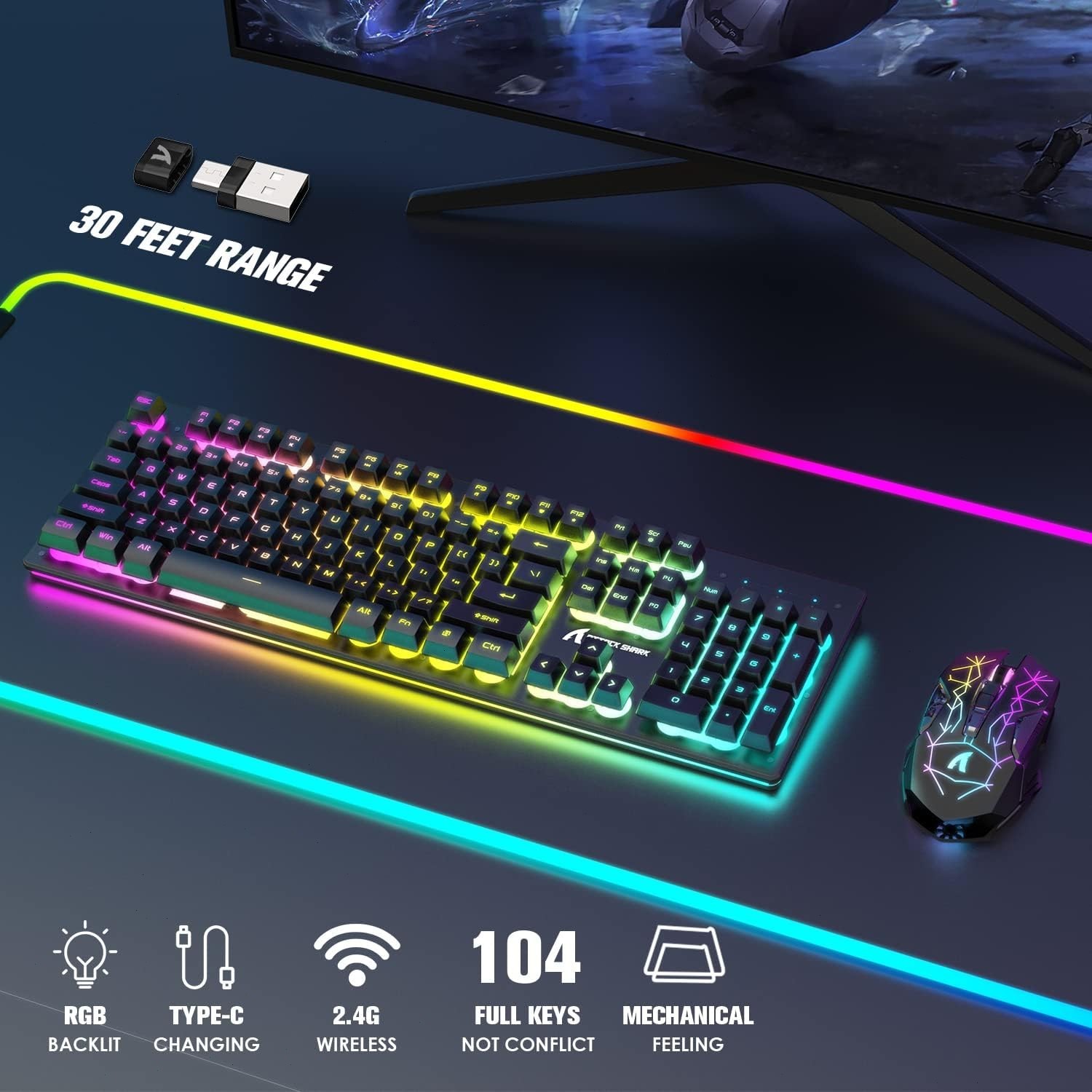 T3 Wireless Gaming Keyboard and Mouse Combo RGB Backlit Rechargeable for PC Mac