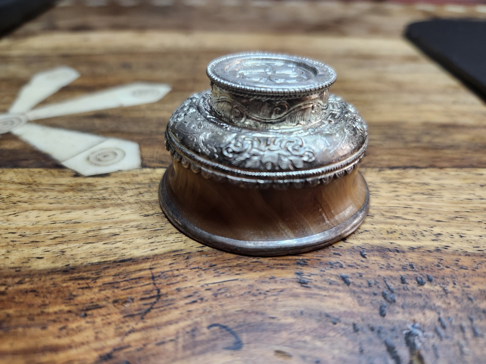 Tibetan Jha Phor Silver & Carved Stone Ritual Tea Bowl 2” Nepal 57.94 Grams